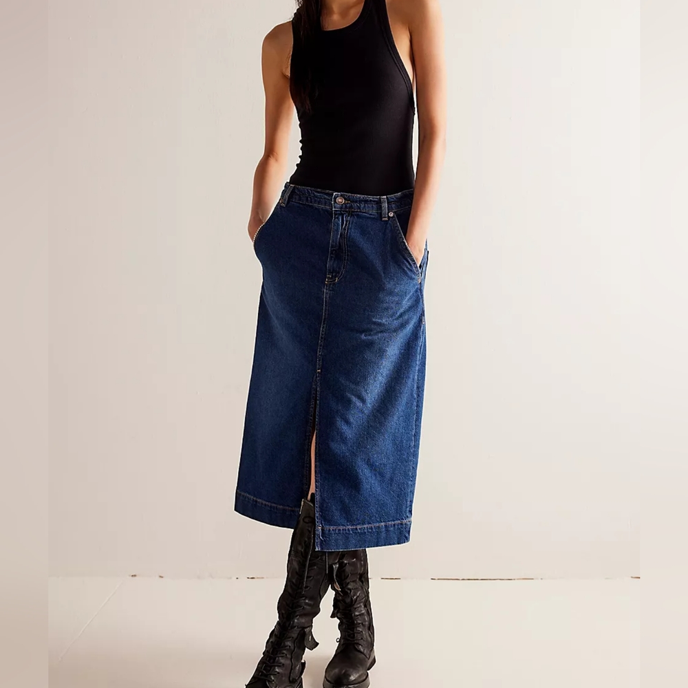FREE PEOPLE Wild Roses Denim Midi Skirt NWT